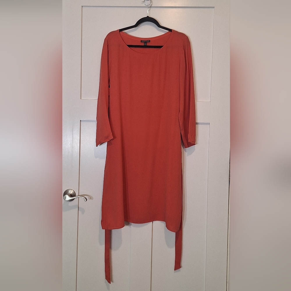 Eileen Fisher Silk 100% Georgette Bateau Neck Dress Tie Belt Large Coral Pockets